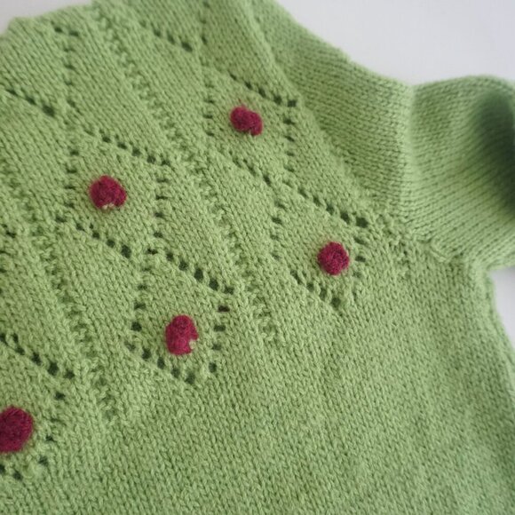 Vintage Hand Knit Lime Green Argyle Crochet PomPom Scoop Neck Sweater Small - Picture 10 of 11